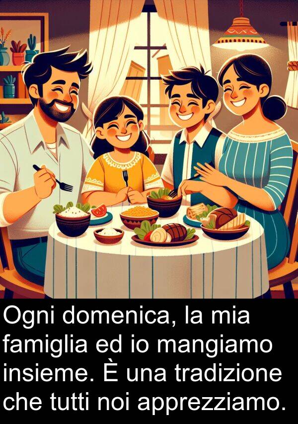 famiglia: Ogni domenica, la mia famiglia ed io mangiamo insieme. È una tradizione che tutti noi apprezziamo.