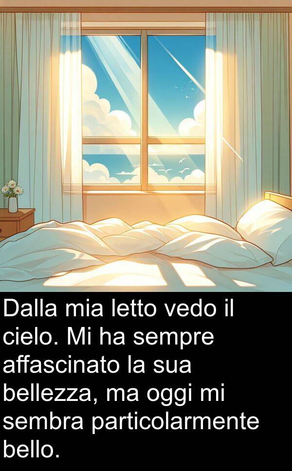 vedo: Dalla mia letto vedo il cielo. Mi ha sempre affascinato la sua bellezza, ma oggi mi sembra particolarmente bello.