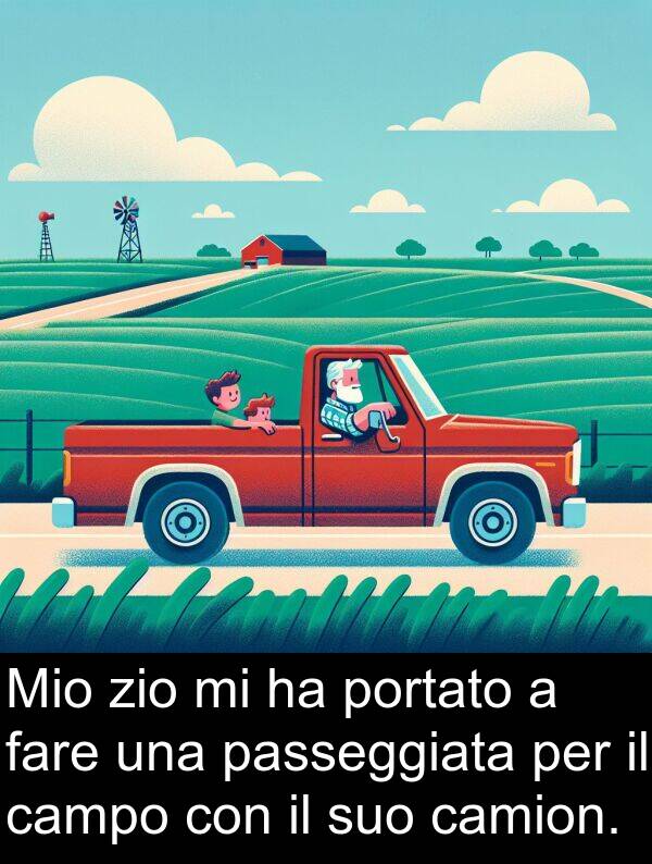 zio: Mio zio mi ha portato a fare una passeggiata per il campo con il suo camion.