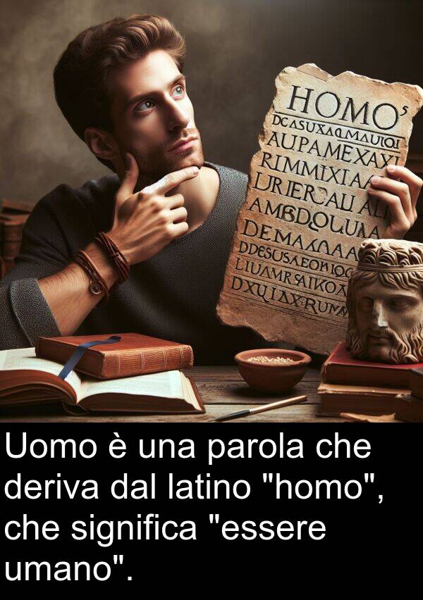 umano: Uomo è una parola che deriva dal latino "homo", che significa "essere umano".