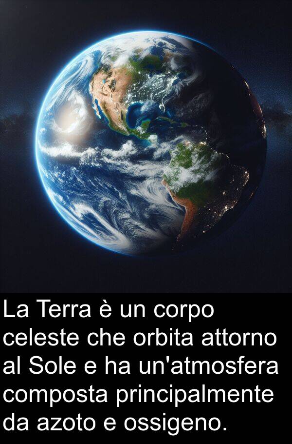 orbita: La Terra è un corpo celeste che orbita attorno al Sole e ha un'atmosfera composta principalmente da azoto e ossigeno.