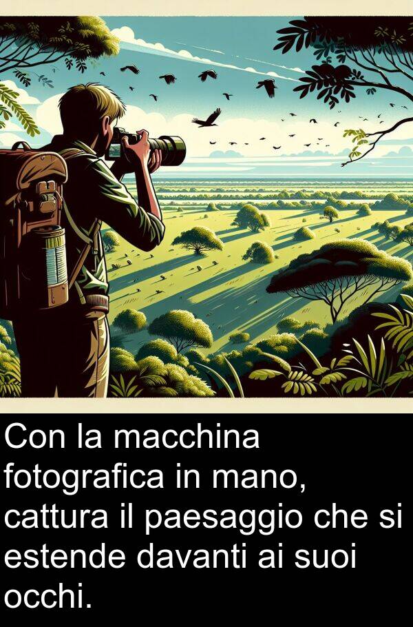 paesaggio: Con la macchina fotografica in mano, cattura il paesaggio che si estende davanti ai suoi occhi.