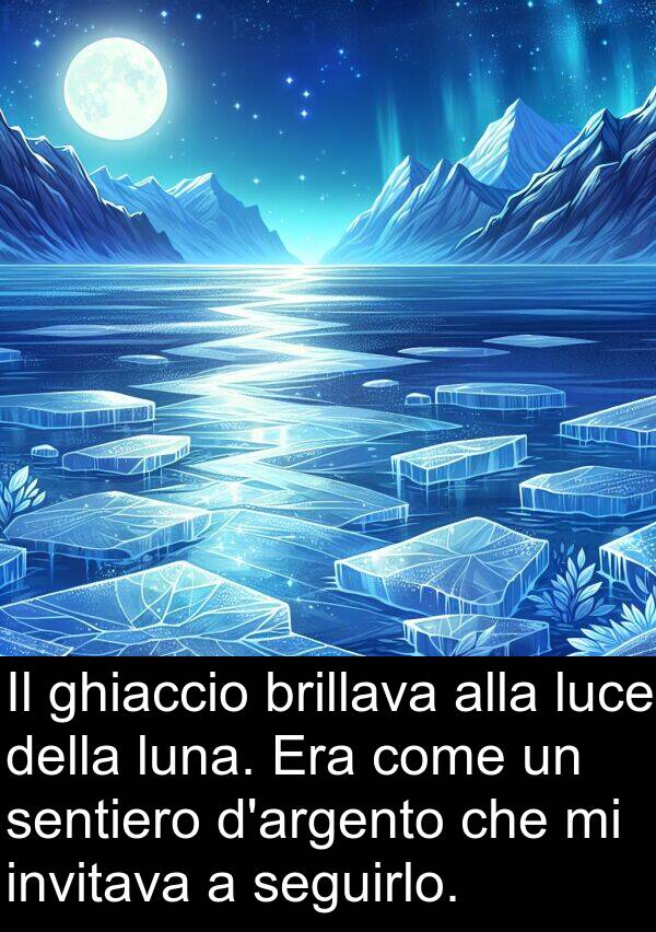 ghiaccio: Il ghiaccio brillava alla luce della luna. Era come un sentiero d'argento che mi invitava a seguirlo.