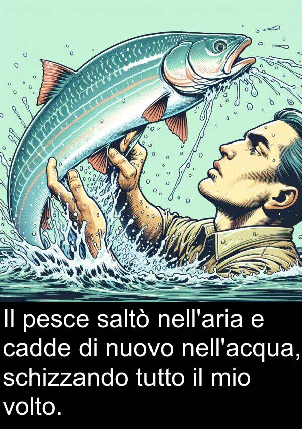 cadde: Il pesce saltò nell'aria e cadde di nuovo nell'acqua, schizzando tutto il mio volto.