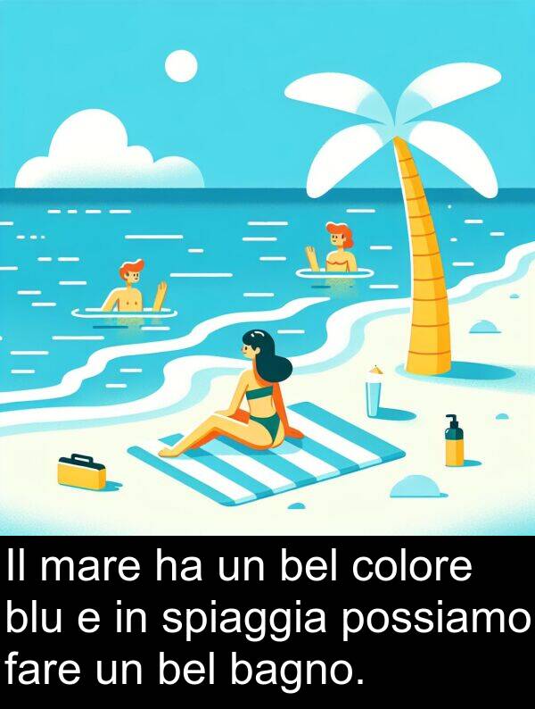 fare: Il mare ha un bel colore blu e in spiaggia possiamo fare un bel bagno.