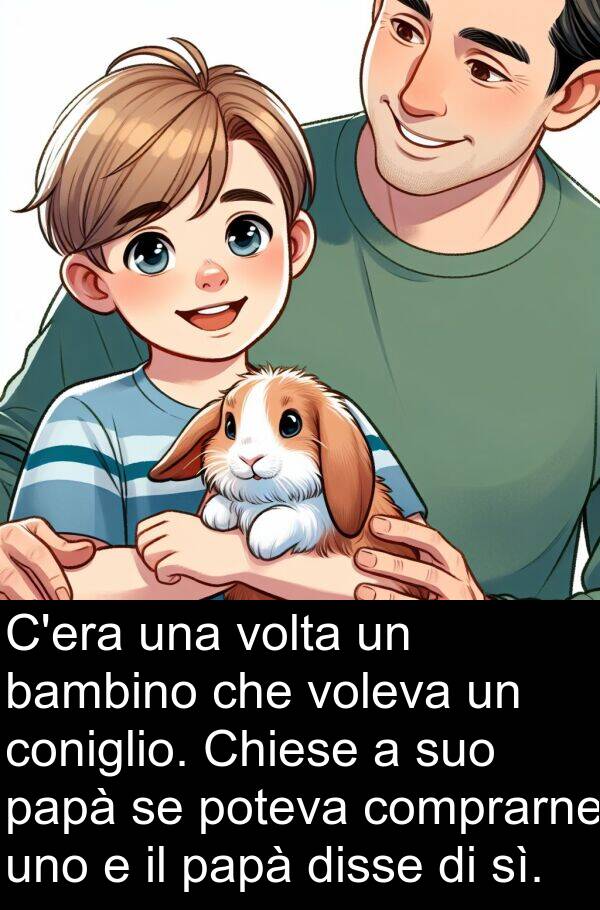 papà: C'era una volta un bambino che voleva un coniglio. Chiese a suo papà se poteva comprarne uno e il papà disse di sì.