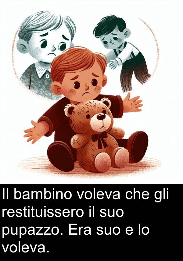 bambino: Il bambino voleva che gli restituissero il suo pupazzo. Era suo e lo voleva.