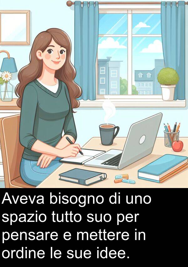 bisogno: Aveva bisogno di uno spazio tutto suo per pensare e mettere in ordine le sue idee.