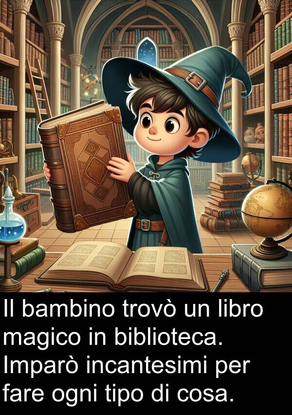 magico: Il bambino trovò un libro magico in biblioteca. Imparò incantesimi per fare ogni tipo di cosa.