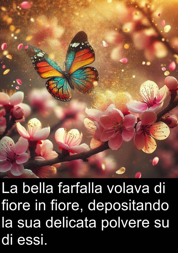 bella: La bella farfalla volava di fiore in fiore, depositando la sua delicata polvere su di essi.