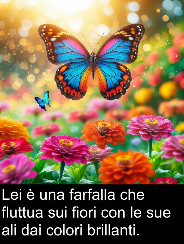 dai: Lei è una farfalla che fluttua sui fiori con le sue ali dai colori brillanti.