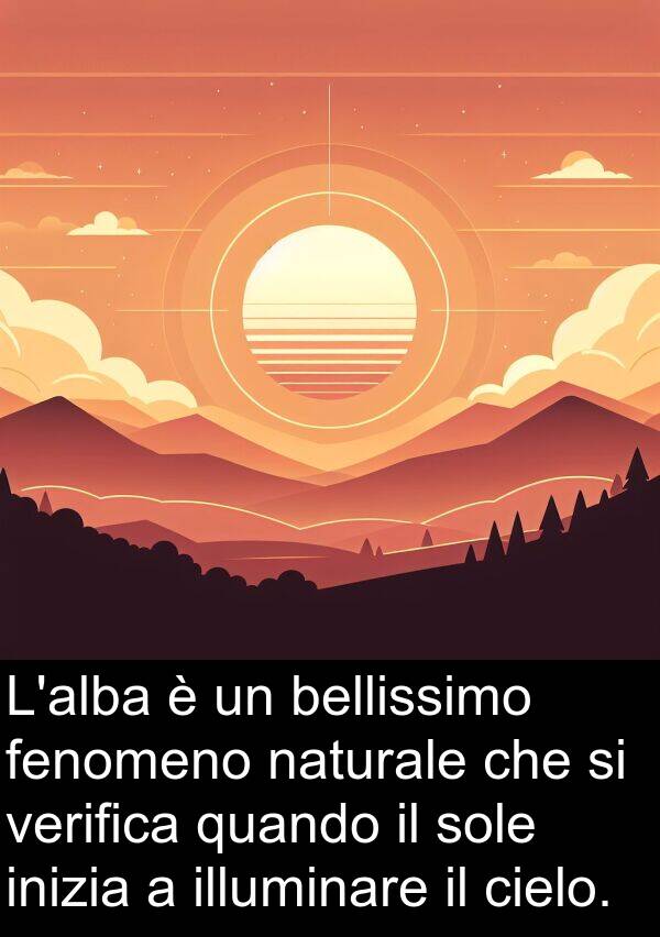 fenomeno: L'alba è un bellissimo fenomeno naturale che si verifica quando il sole inizia a illuminare il cielo.