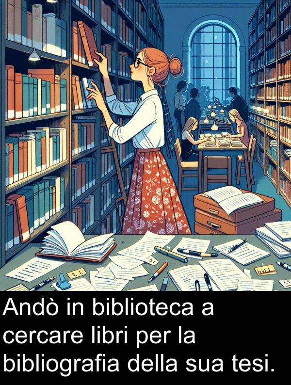 tesi: Andò in biblioteca a cercare libri per la bibliografia della sua tesi.