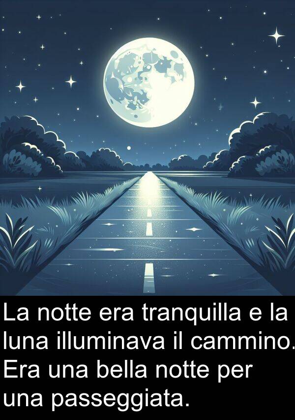 passeggiata: La notte era tranquilla e la luna illuminava il cammino. Era una bella notte per una passeggiata.