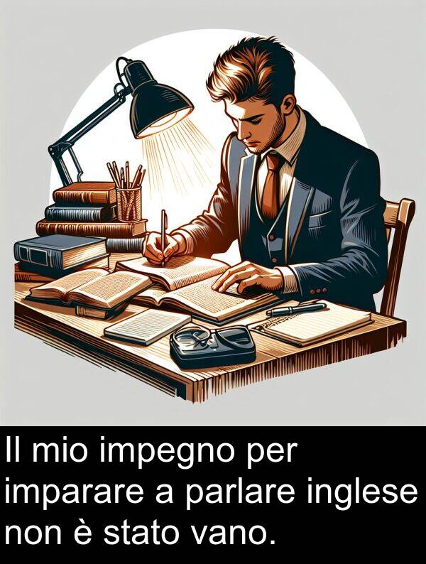 impegno: Il mio impegno per imparare a parlare inglese non è stato vano.