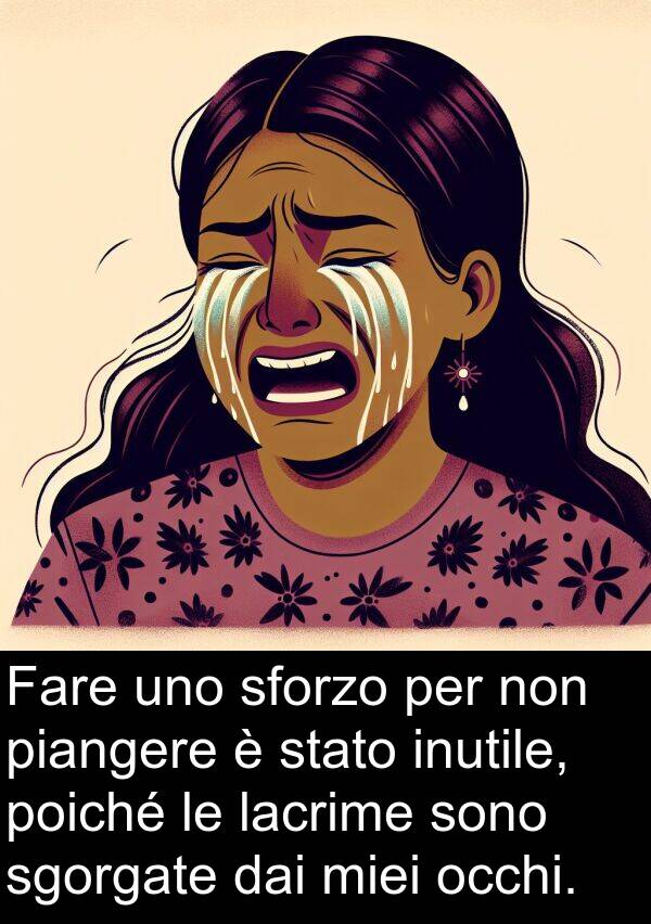 lacrime: Fare uno sforzo per non piangere è stato inutile, poiché le lacrime sono sgorgate dai miei occhi.