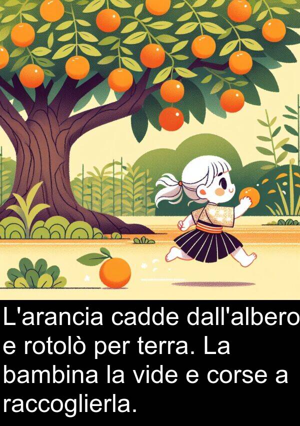 cadde: L'arancia cadde dall'albero e rotolò per terra. La bambina la vide e corse a raccoglierla.