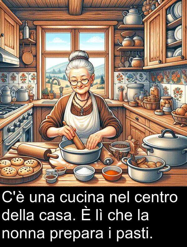 pasti: C'è una cucina nel centro della casa. È lì che la nonna prepara i pasti.