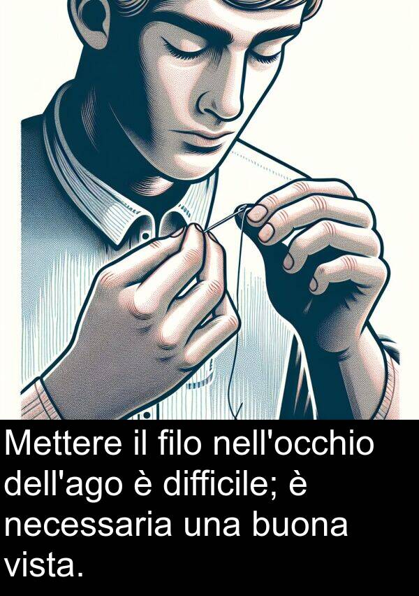 necessaria: Mettere il filo nell'occhio dell'ago è difficile; è necessaria una buona vista.