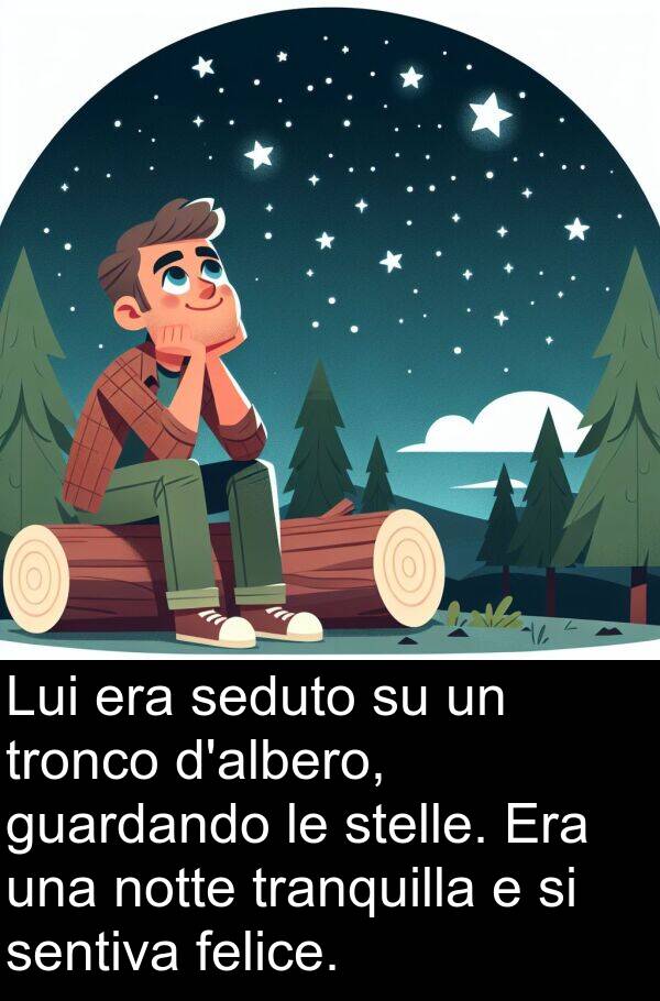 felice: Lui era seduto su un tronco d'albero, guardando le stelle. Era una notte tranquilla e si sentiva felice.