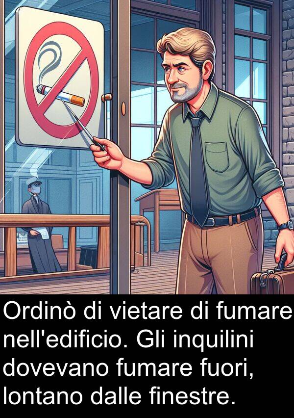 inquilini: Ordinò di vietare di fumare nell'edificio. Gli inquilini dovevano fumare fuori, lontano dalle finestre.