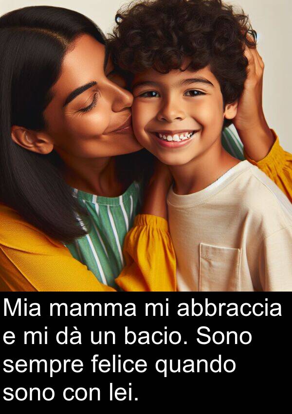 felice: Mia mamma mi abbraccia e mi dà un bacio. Sono sempre felice quando sono con lei.