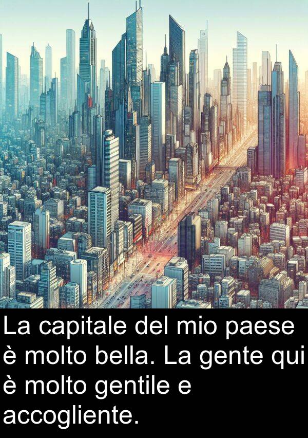 accogliente: La capitale del mio paese è molto bella. La gente qui è molto gentile e accogliente.