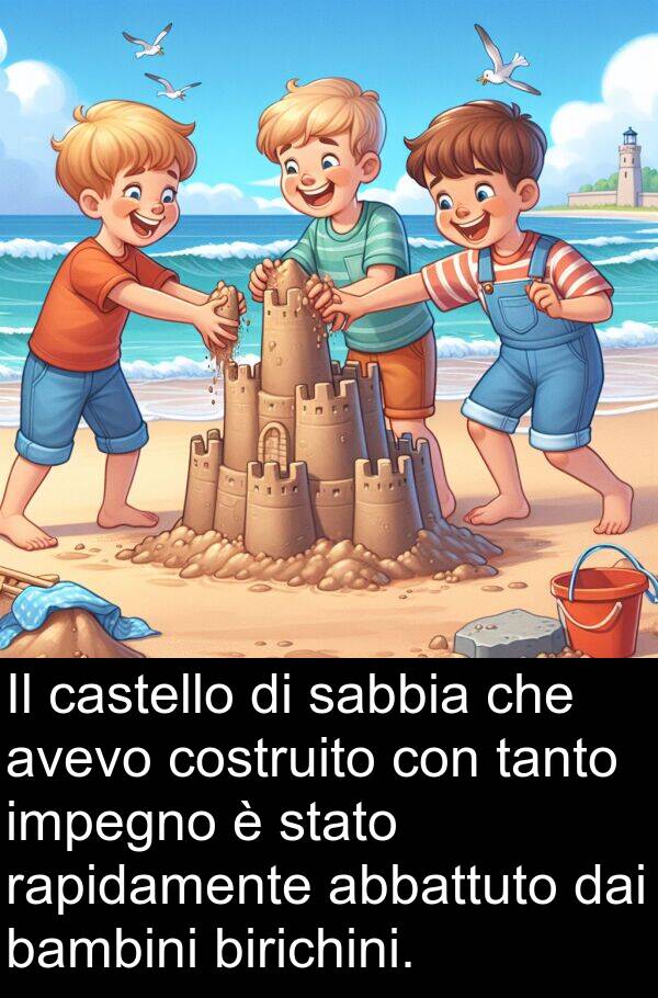 dai: Il castello di sabbia che avevo costruito con tanto impegno è stato rapidamente abbattuto dai bambini birichini.