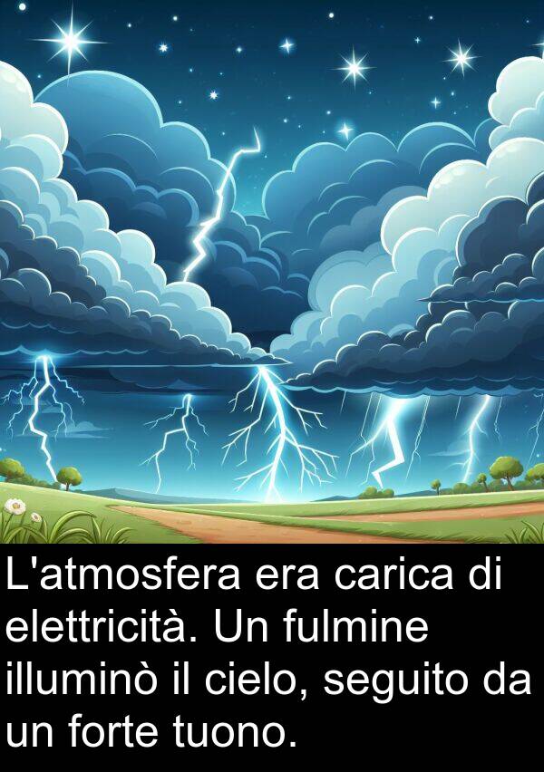 carica: L'atmosfera era carica di elettricità. Un fulmine illuminò il cielo, seguito da un forte tuono.