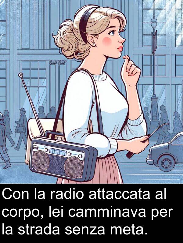 camminava: Con la radio attaccata al corpo, lei camminava per la strada senza meta.