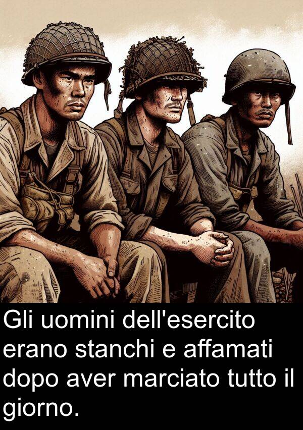 giorno: Gli uomini dell'esercito erano stanchi e affamati dopo aver marciato tutto il giorno.