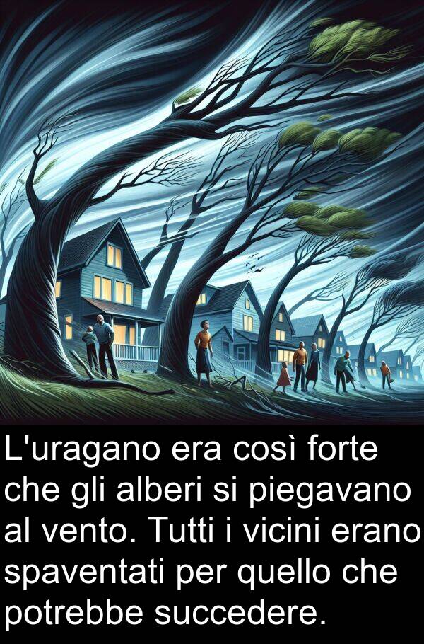 vento: L'uragano era così forte che gli alberi si piegavano al vento. Tutti i vicini erano spaventati per quello che potrebbe succedere.