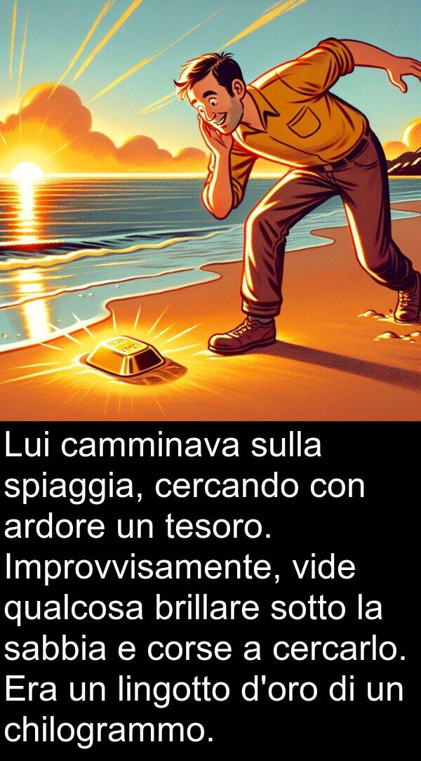 sotto: Lui camminava sulla spiaggia, cercando con ardore un tesoro. Improvvisamente, vide qualcosa brillare sotto la sabbia e corse a cercarlo. Era un lingotto d'oro di un chilogrammo.