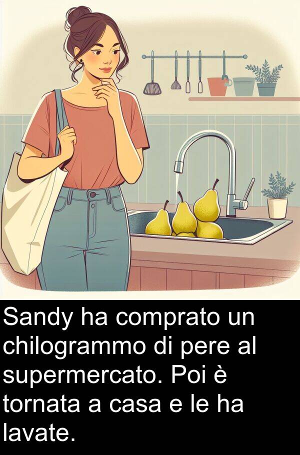 lavate: Sandy ha comprato un chilogrammo di pere al supermercato. Poi è tornata a casa e le ha lavate.