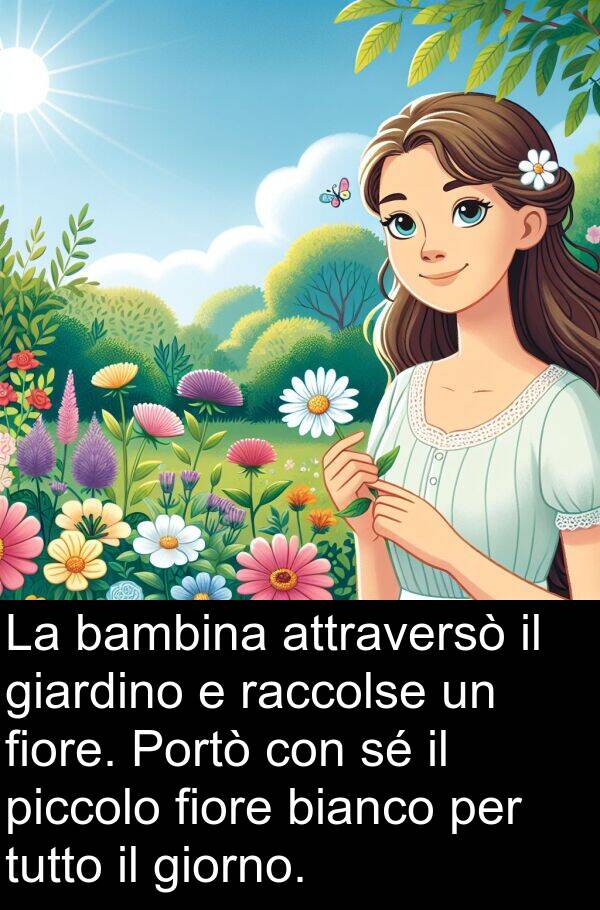 raccolse: La bambina attraversò il giardino e raccolse un fiore. Portò con sé il piccolo fiore bianco per tutto il giorno.