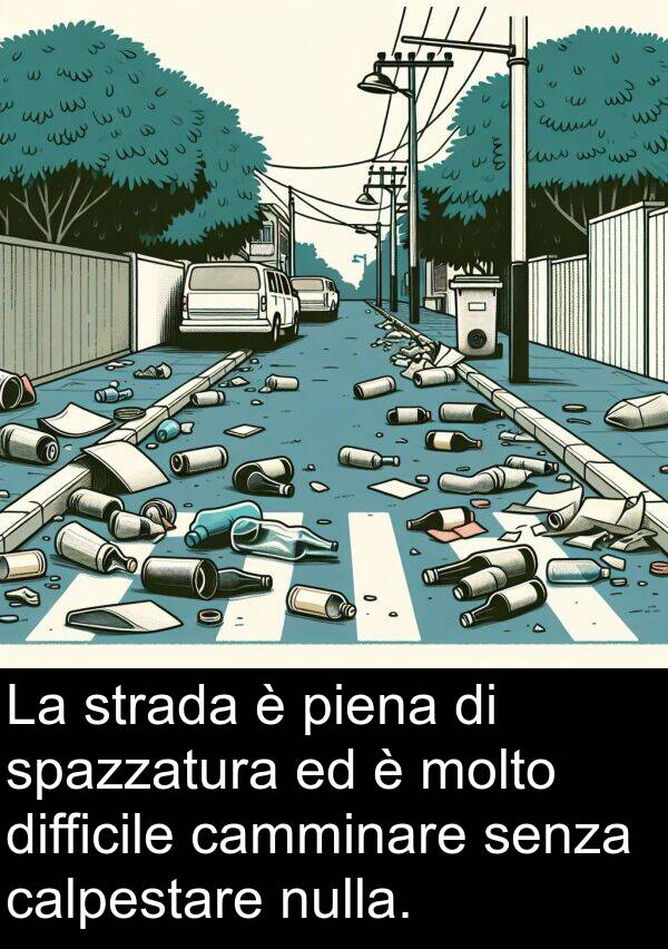 camminare: La strada è piena di spazzatura ed è molto difficile camminare senza calpestare nulla.