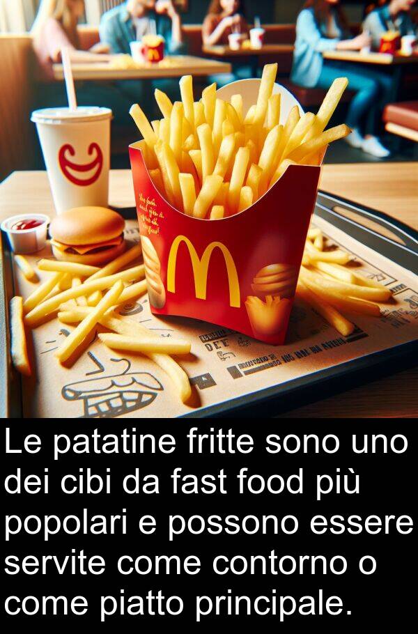 principale: Le patatine fritte sono uno dei cibi da fast food più popolari e possono essere servite come contorno o come piatto principale.