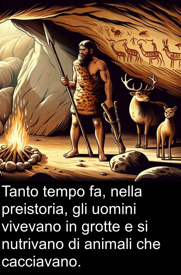 fa: Tanto tempo fa, nella preistoria, gli uomini vivevano in grotte e si nutrivano di animali che cacciavano.