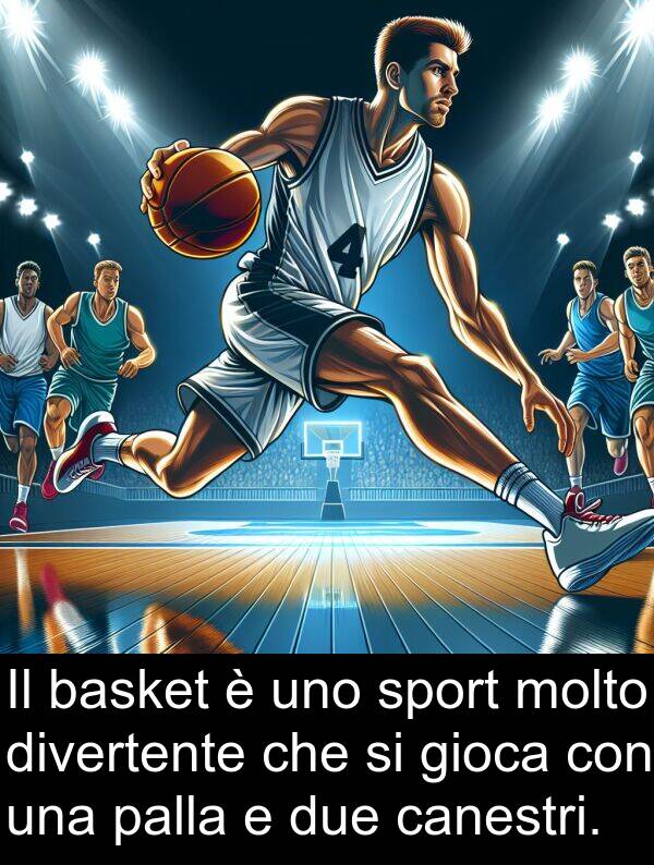 palla: Il basket è uno sport molto divertente che si gioca con una palla e due canestri.