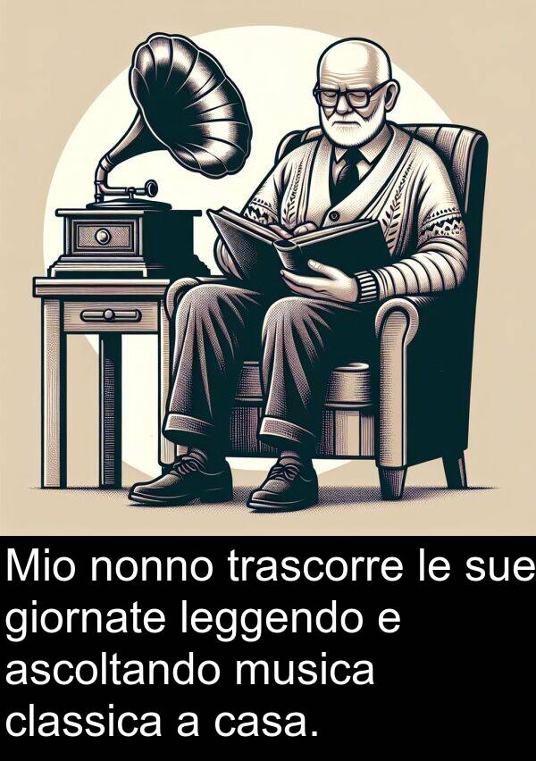 giornate: Mio nonno trascorre le sue giornate leggendo e ascoltando musica classica a casa.