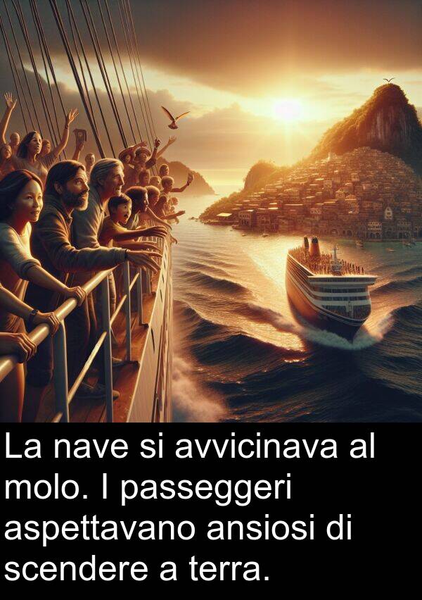 scendere: La nave si avvicinava al molo. I passeggeri aspettavano ansiosi di scendere a terra.