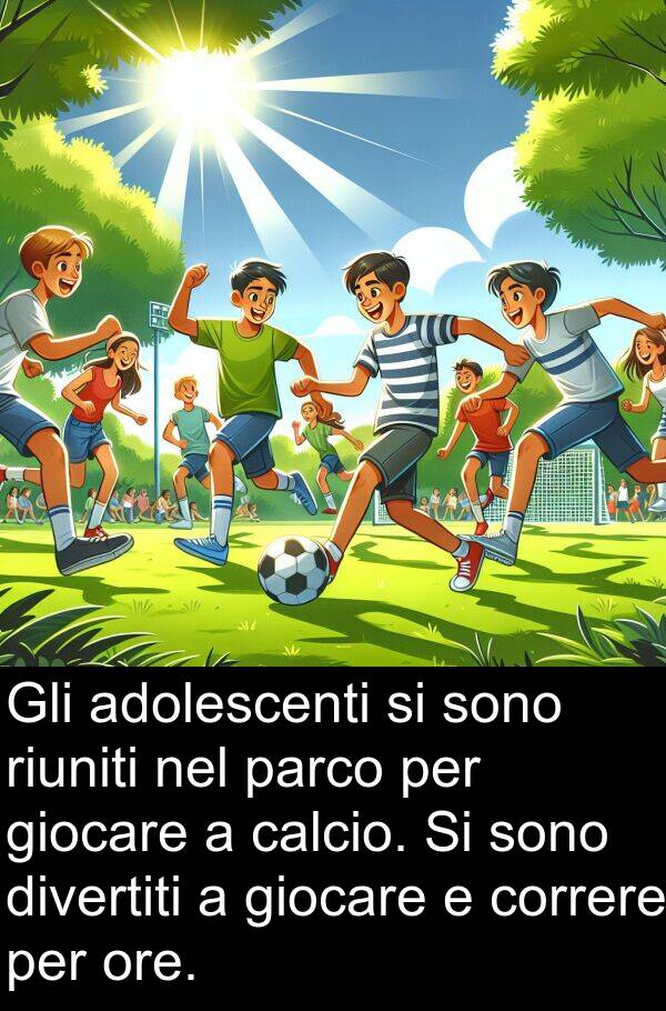 adolescenti: Gli adolescenti si sono riuniti nel parco per giocare a calcio. Si sono divertiti a giocare e correre per ore.