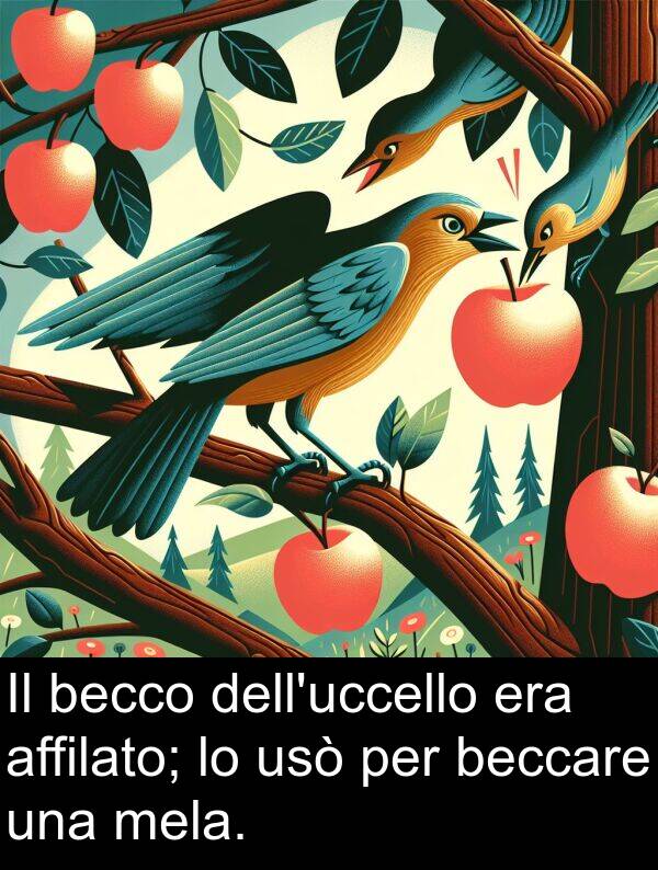 becco: Il becco dell'uccello era affilato; lo usò per beccare una mela.