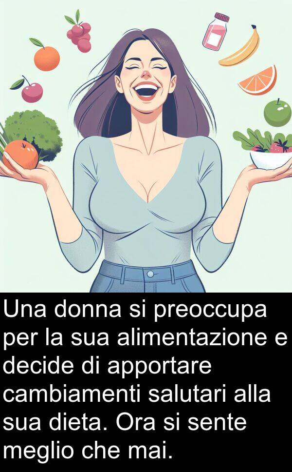 cambiamenti: Una donna si preoccupa per la sua alimentazione e decide di apportare cambiamenti salutari alla sua dieta. Ora si sente meglio che mai.