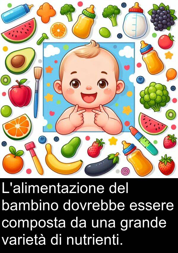 varietà: L'alimentazione del bambino dovrebbe essere composta da una grande varietà di nutrienti.