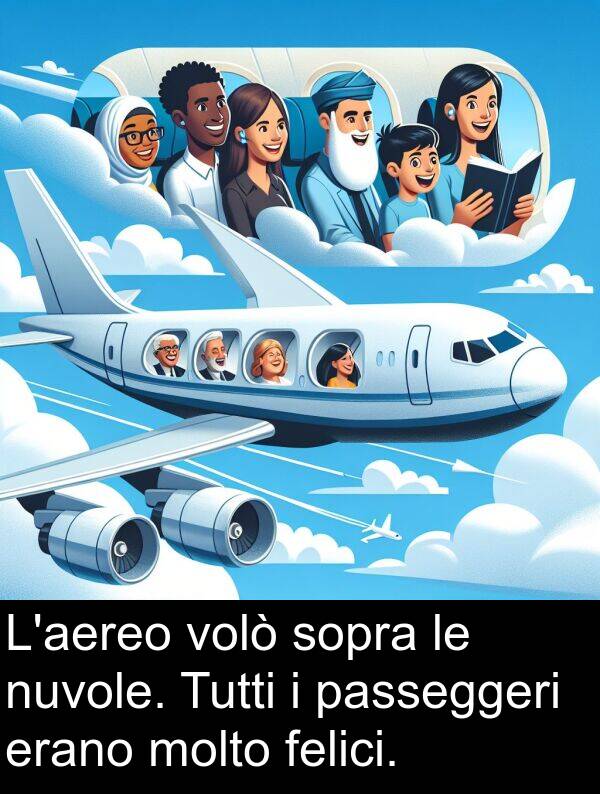 passeggeri: L'aereo volò sopra le nuvole. Tutti i passeggeri erano molto felici.