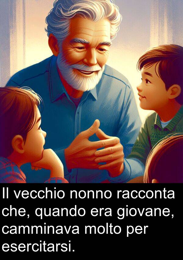 giovane: Il vecchio nonno racconta che, quando era giovane, camminava molto per esercitarsi.