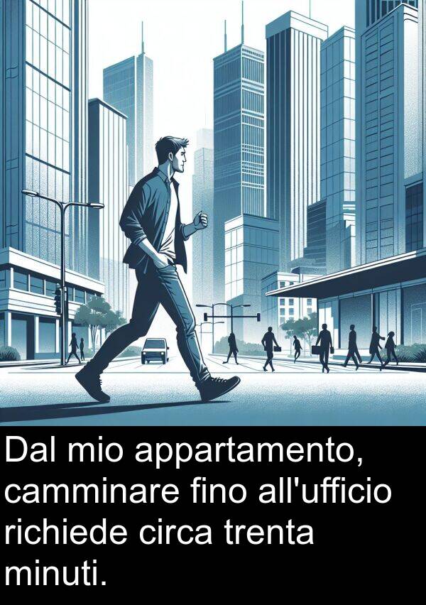 camminare: Dal mio appartamento, camminare fino all'ufficio richiede circa trenta minuti.