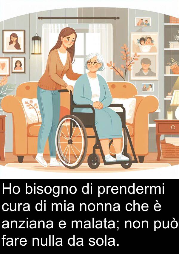 nonna: Ho bisogno di prendermi cura di mia nonna che è anziana e malata; non può fare nulla da sola.