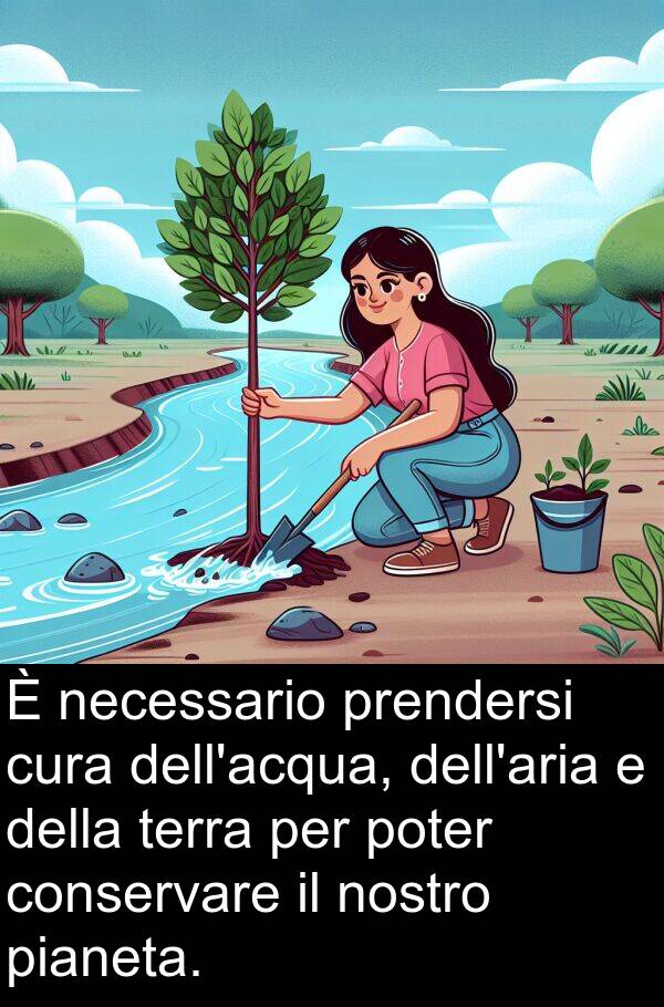 nostro: È necessario prendersi cura dell'acqua, dell'aria e della terra per poter conservare il nostro pianeta.